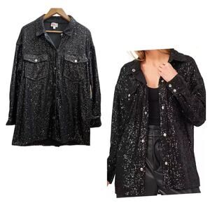 Riley & Rae New Black Longline Sequin Snap Button Shirt Jacket Size Medium